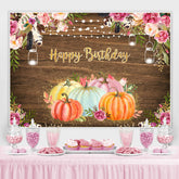 Lofaris Floral Pumpkins Happy Birthday Lights Wood Party Backdrop for Kids